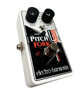 Angled 3/4 left-side view of the Electro-Harmonix Pitch Fork polyphonic pitch-shifter pedal with compact design
