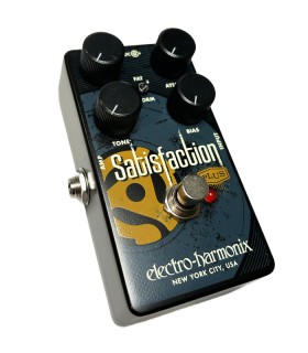 Angled 3/4 left-side view of the Electro-Harmonix Satisfaction Plus fuzz pedal with compact design