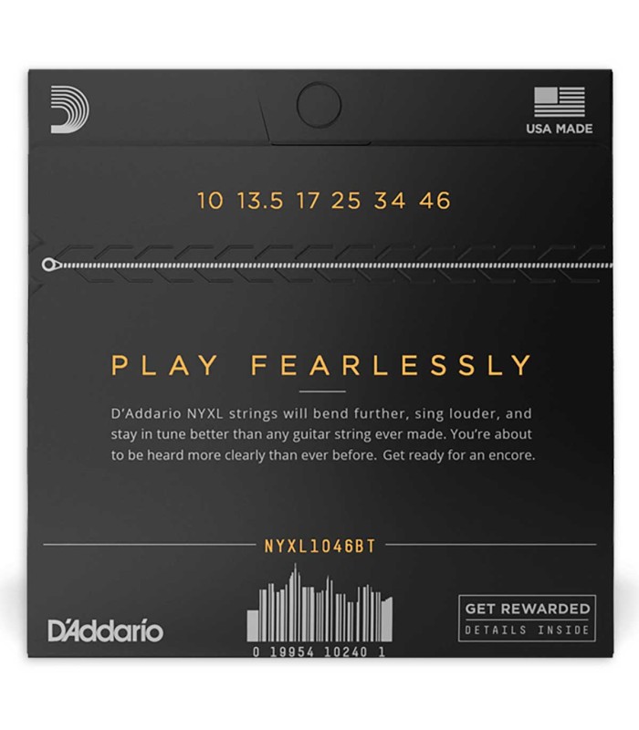 Backcover of the string set DAddario model NYXL1046 with gauges 10, 13.5, 17, 25, 34, 46