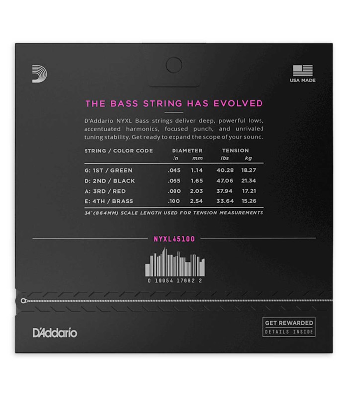 Contracapa do jogo de cordas DAddario modelo NYXL45100 de calibre 45 - 100