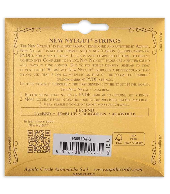 Contracapa do jogo de cordas Aquila modelo 15-U Low G (Sol grave) para ukulele tenor