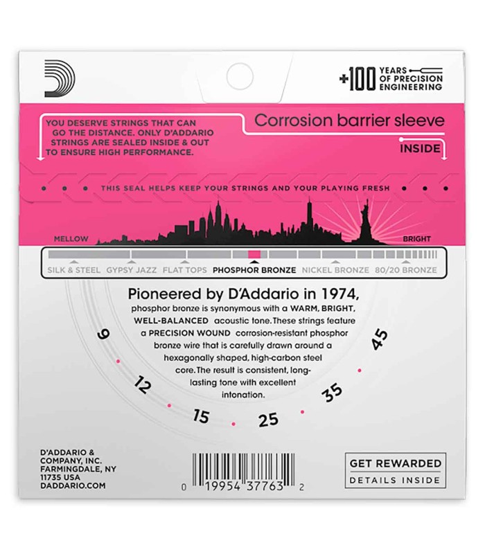 Backcover of the string set Daddario model EJ23 with gauges 009, 012, 015, 025, 035, 045