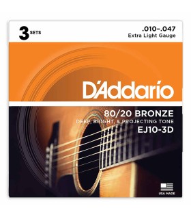 Multipack with 3 string sets DAddario model EJ10 Bronze Acoustic Guitar Bronze 010