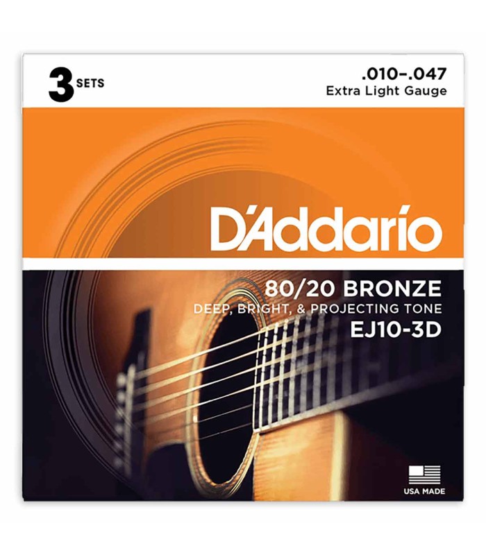 Multipack com 3 jogo de cordas DAddario modelo EJ10 para Guitarra Acústica Bronze 010