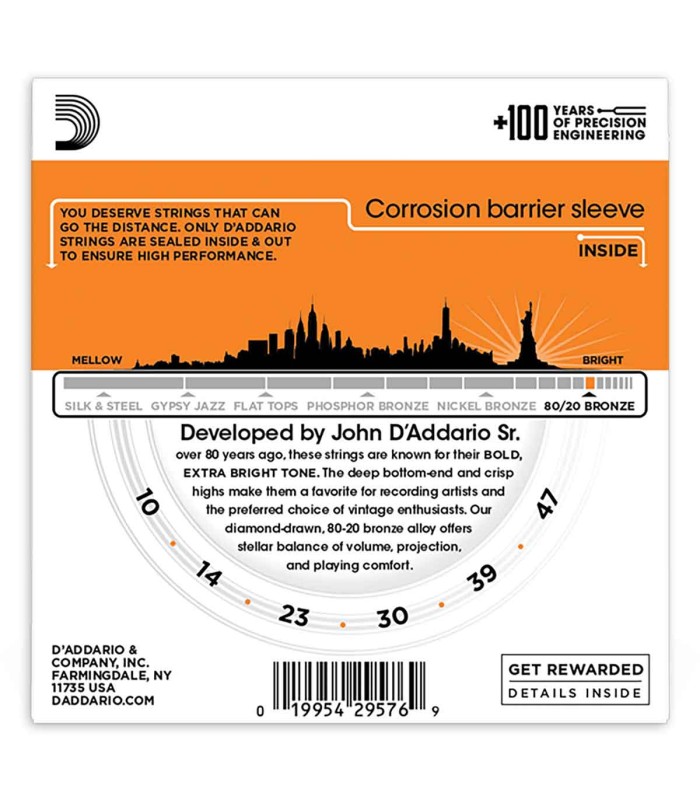 String sets DAddario model EJ10 Bronze Acoustic Guitar Bronze 010 with 010, 014, 023, 030, 039, 047 gauges