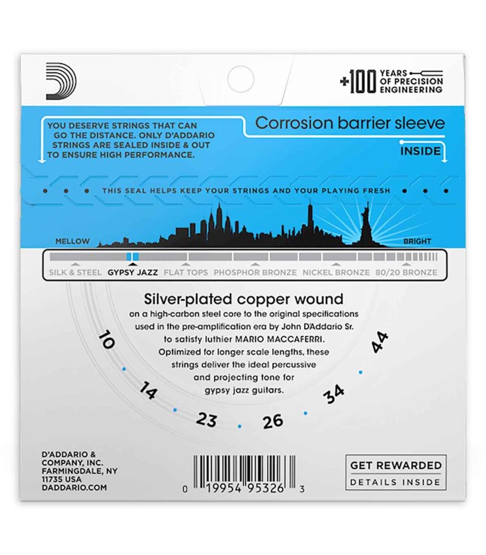 Contracapa do jogo de cordas D'Addario modelo EJ83L com cordas .010, .014, .023, .026, .034, .044