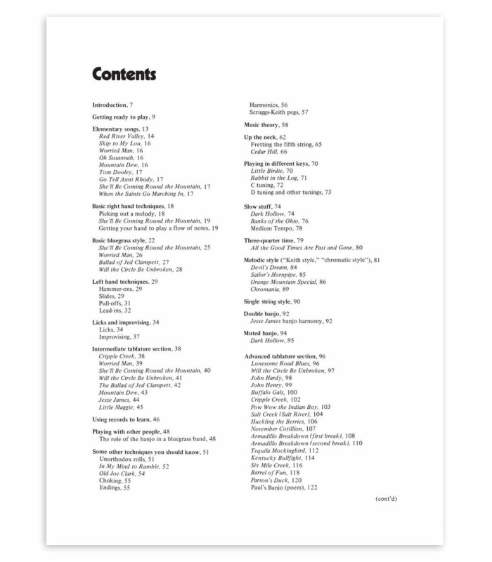 Table of contents of the book Bluegrass Banjo
