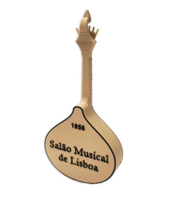 Back of the Portuguese guitar-shaped pick holder with 'Salão Musical de Lisboa' inscription