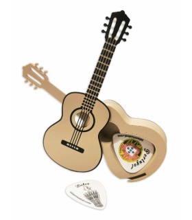 Porta-palhetas em forma de guitarra clássica com as duas palhetas incluídas