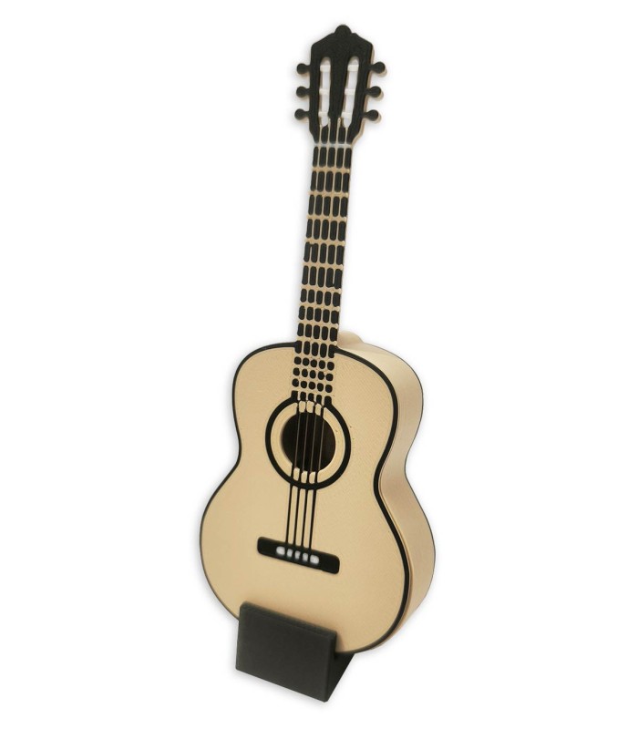Classical guitar shaped pick holder made of 3D printed plastic, comes with a stand