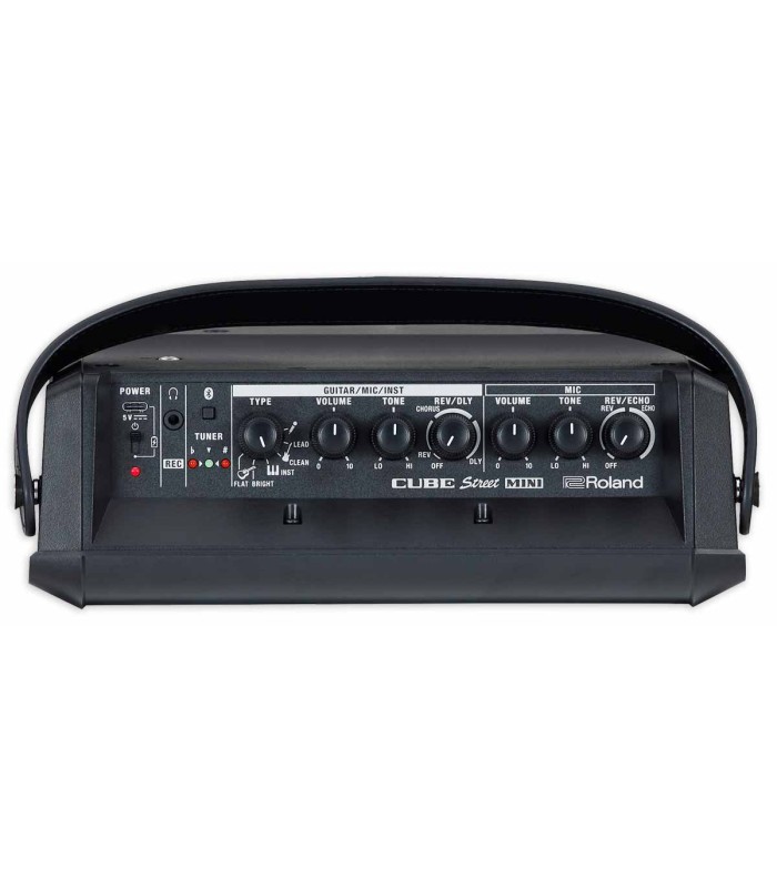 Controlos de volume, tom e efeitos de chorus, reverb e delay do amplificador Roland modelo CUBE Street Mini 10W