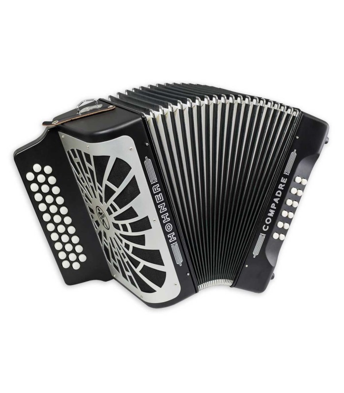 Concertina Hohner modelo Compadre com 12 baixos e 2 Vozes, em afinação Sol Dó Fá e na cor preta