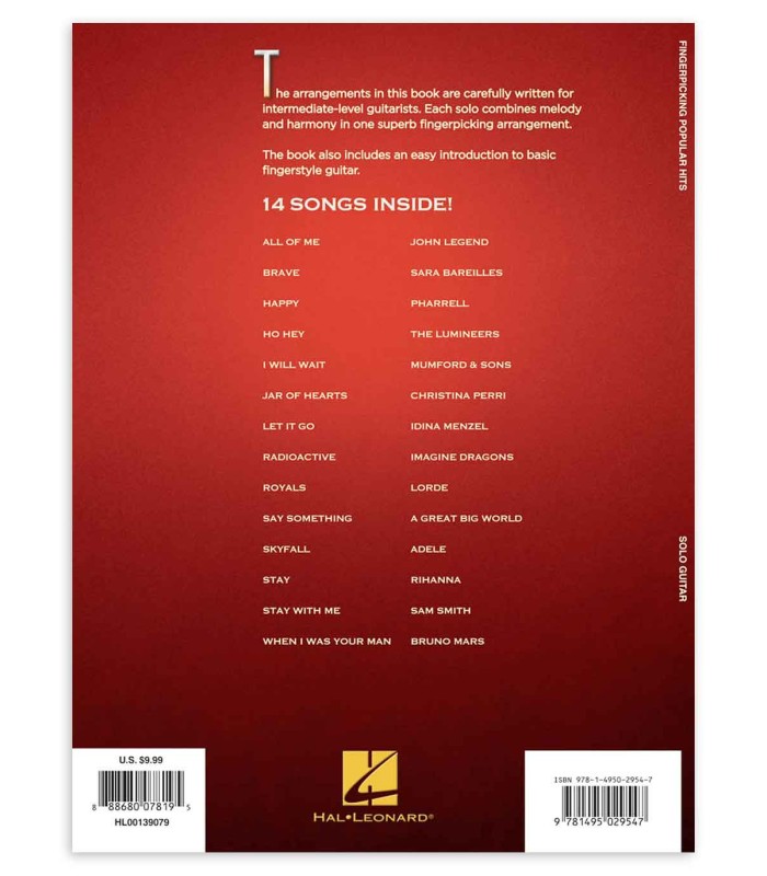 Contracapa com lista de músicas do livro Fingerpicking Popular Hits HL00139079