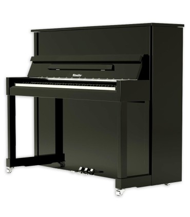Piano vertical Ritmüller modelo RP122 PE Premium com 122cm de altura e acabamento em preto polido