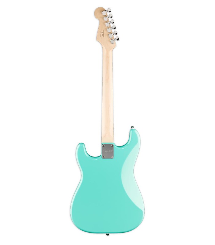 Back of the electric guitar Fender model Squier Sonic Strat HT Seafoam Green with maple neck