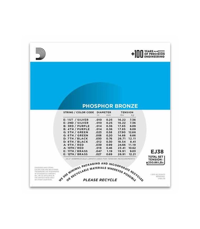 Calibres do jogo de cordas Daddario EJ38