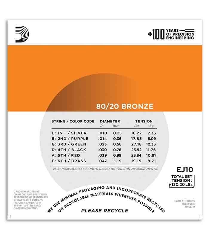 String Set DAddario EJ10 Bronze Acoustic Guitar Bronze 010
