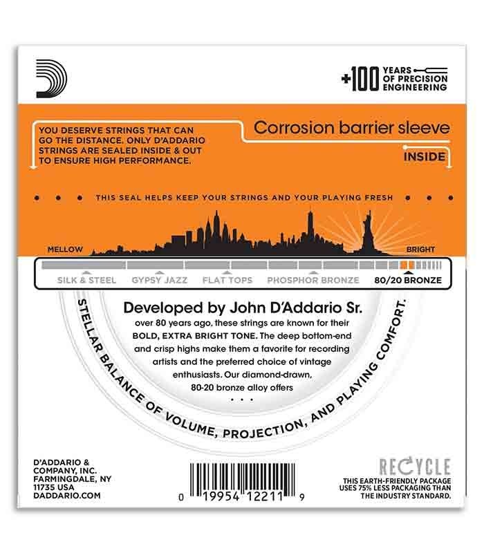 String Set DAddario EJ10 Bronze Acoustic Guitar Bronze 010