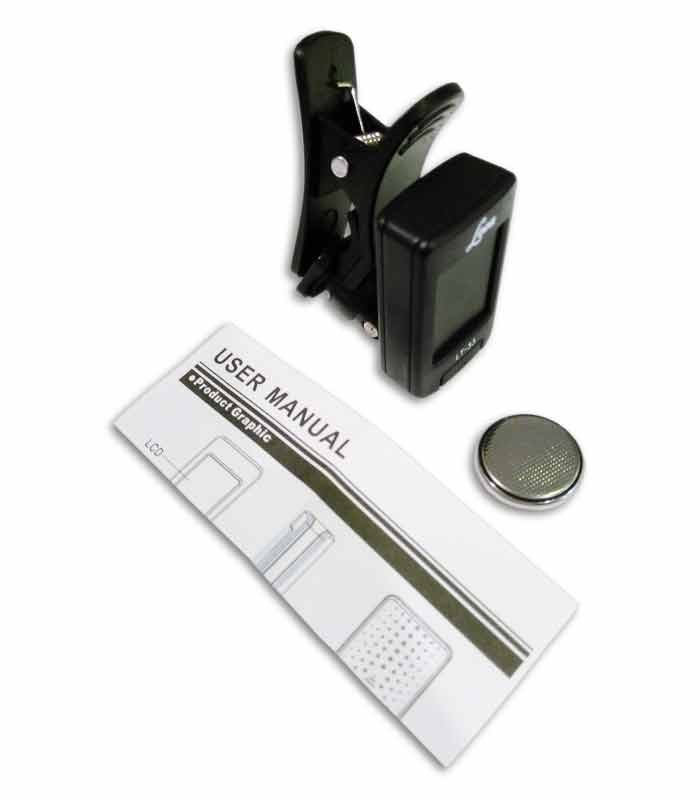 Foto do afinador Leon LT33 pilha e manual