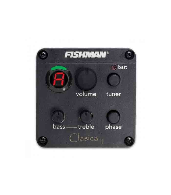 O pré-amplificador Fishman EZ Clasica II tem afinador incorporado, controle de volume, graves e agudos, e de fase