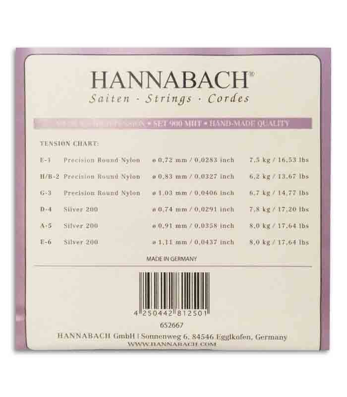 Costas da embalagem das cordas Hannabach E900 MHT