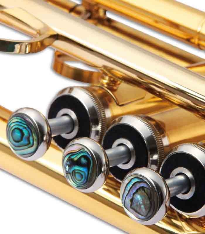 Foto detalhe decoração dos pistões do Trompete John Packer JP351SWST