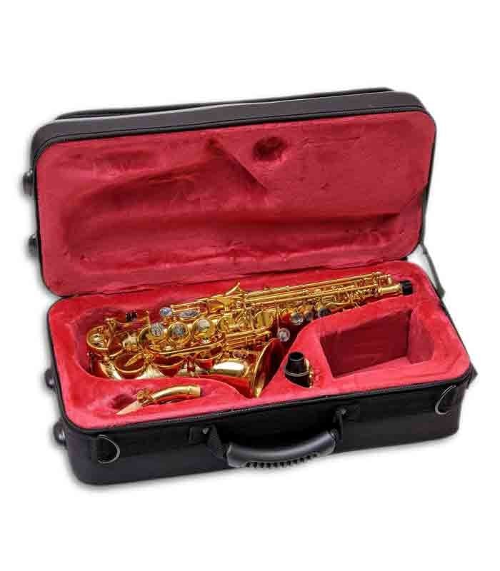 Foto do Saxofone Soprano Curvo John Packer JP043CG dentro do estojo
