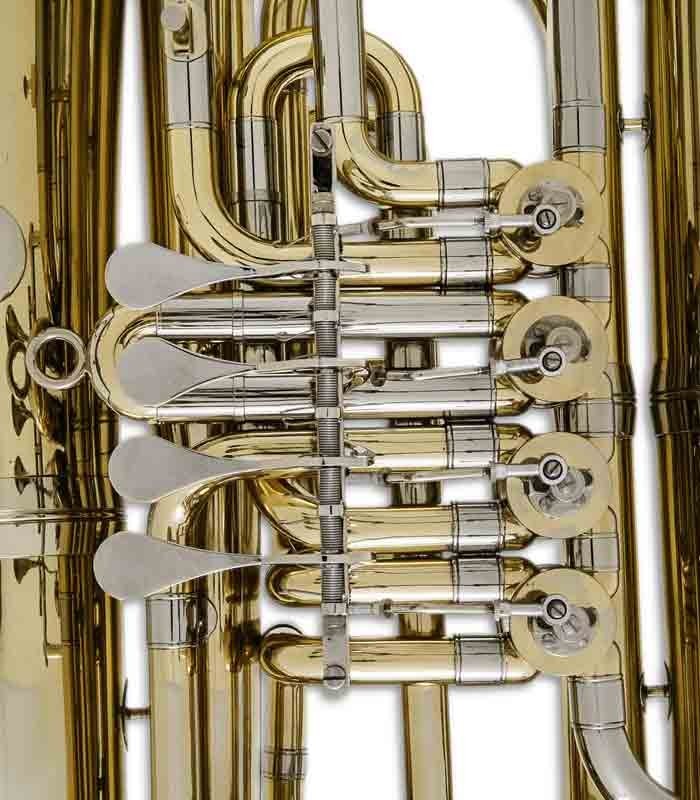 Foto detalle de las válvulas de la Tuba John Packer JP379B Sterling