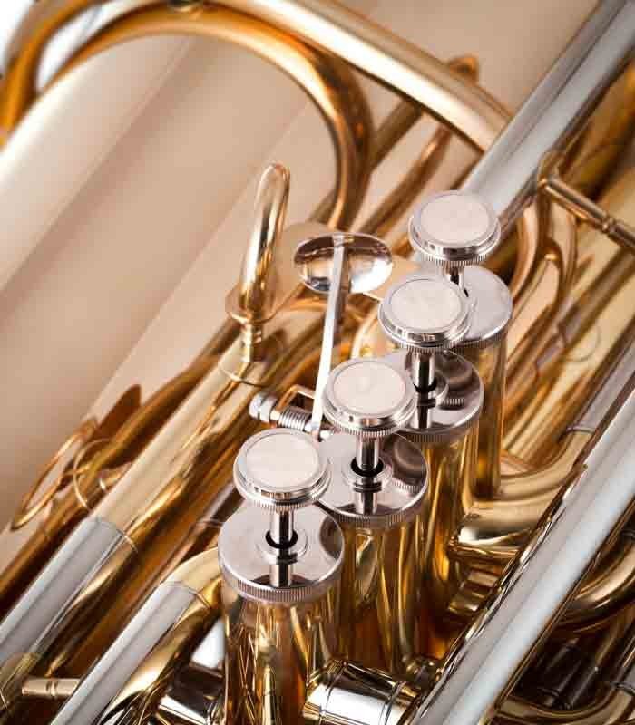 Foto detalhe do pistões da Tuba John Packer JP379CC Sterling