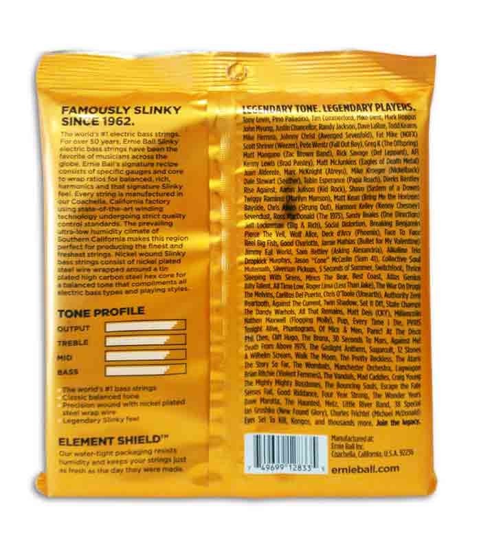 Costas da embalagem do jogo de cordas Ernie Ball 2833 para baixo