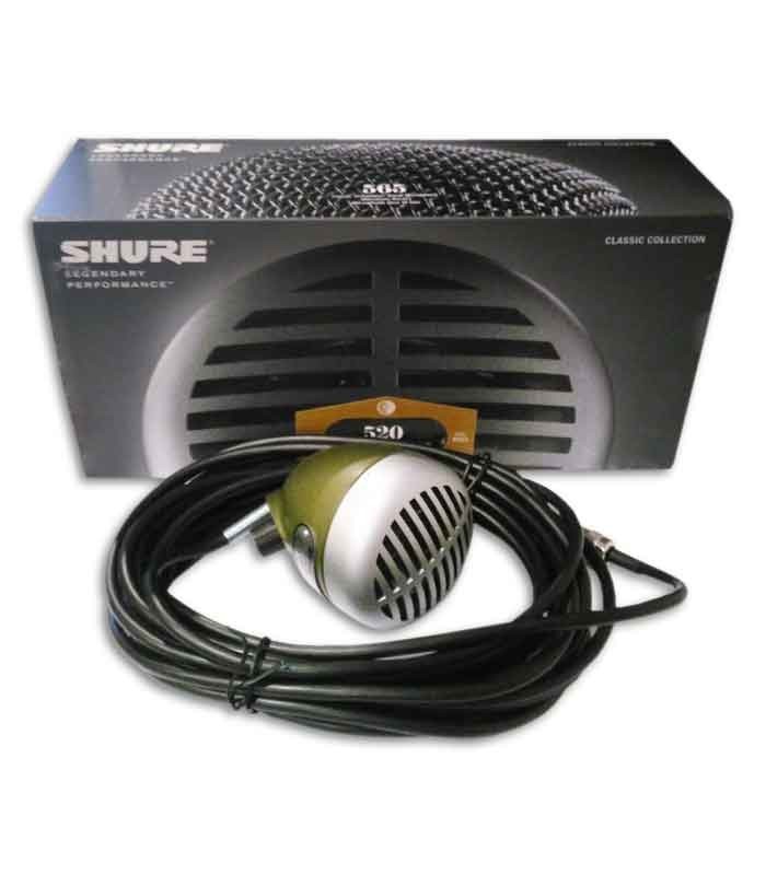 Foto do microfone Shure SH 520DX para harmónica com a embalagem