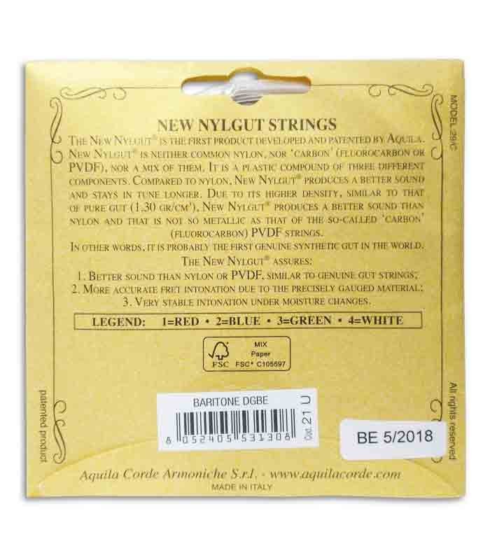 Foto trasera da la embalage del juego de cuerdas Aquila 21U para Ukulele Barítono