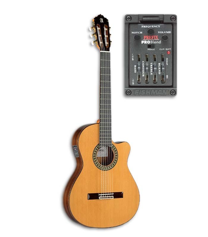 A guitarra clássica Alhambra 5P CT E2 é mais estreita e tem o pré-amplificador Fishman E2 Elect Fishman Prefix ProBlend 