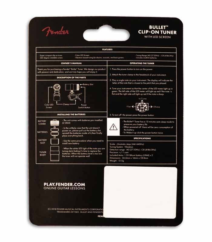 Back of package of tuner Fender Bullet Tuner with instructions