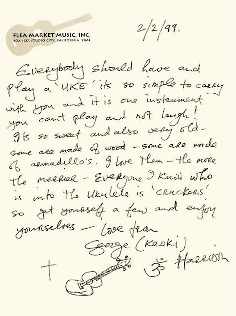 Nota de George Harrison escrita à mão sobre ukuleles